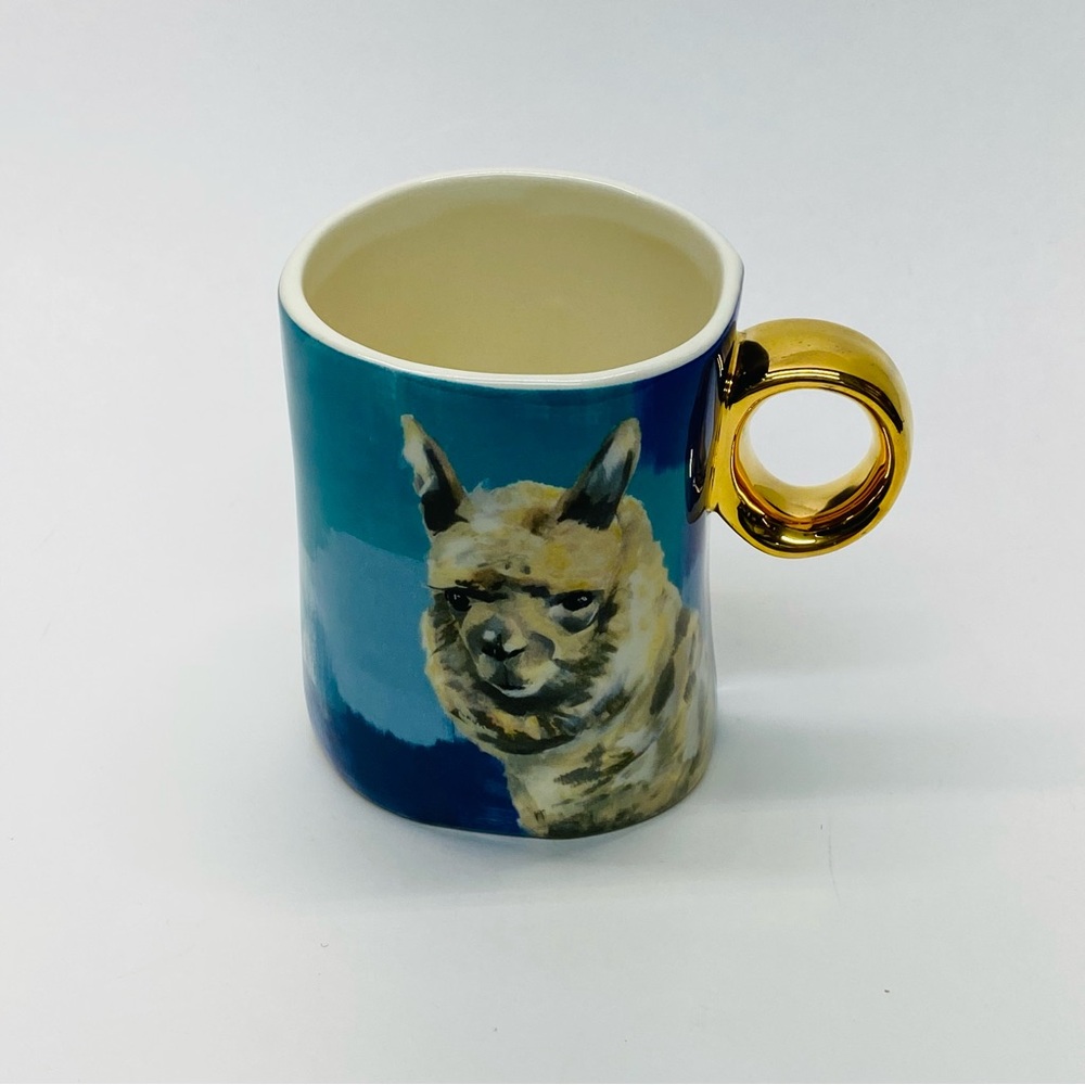 Anthropologie Llama Mug in Blue & Gold Whimsical Lauren Walcott 2017 Coffee Cup